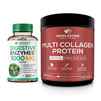 Wholesome Wellness Digestive Enzymes 1000MG Plus Prebiotics & Probiotics Supplement + Multi Collagen Protein Powder Hydrolyzed (Type I II III V X) Bundle