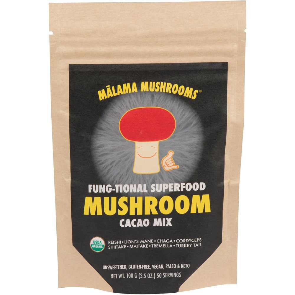 Malama 8-Mushroom Hot Cacao Mix, Organic Chocolate Blend Mushroom Powder for Focus & Inmune Support  with Lion's Mane, Reishi, Chaga, Turkey Tail  Vegan Supplement, 3.5 oz (50 Servings)
