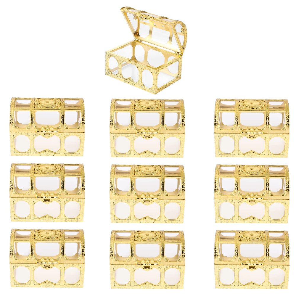 10pcs Wedding Party Favor Boxes Treasure Chest Candy Box Clear Plastic Gift Boxes Storage Containers Case Anniversary Festival Birthday Valentines Day Party Supplies Golden