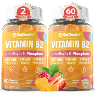 Safgumjel Vitamin B2 Gummies | Riboflavin 400mg for Adults and Kids | with Magnesium & CoQ10 for Energy & Migraine Relief | Sugar Free B2 Vitamin VIT B | Non GMO, Vegan, 120 Count