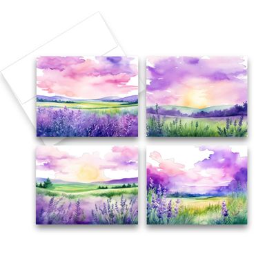 Aria Rae Design Assorted Lavender Field Notecards, Set of 12, Greeting card assortment, blank notecards with envelopes, blank inside, all occasion cards