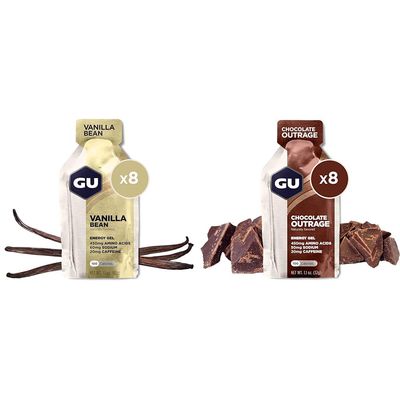 GU Energy Original Sports Nutrition Energy Gel, Vegan, Gluten-Free, 8-Count Vanilla Bean and 8-Count Chocolate Outrage Bundle