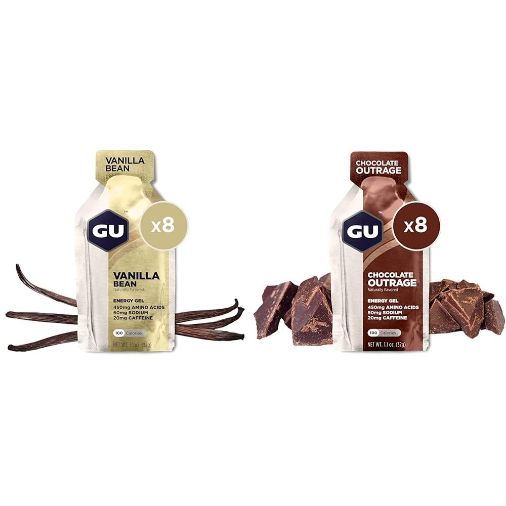 GU Energy Original Sports Nutrition Energy Gel, Vegan, Gluten-Free, 8-Count Vanilla Bean and 8-Count Chocolate Outrage Bundle
