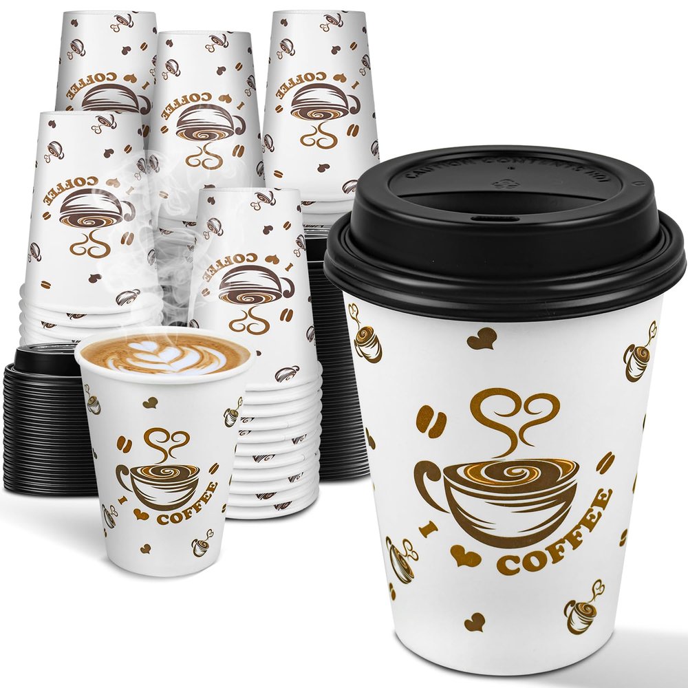 Ginkgo Disposable Coffee Cups with Lids 12 oz 100 Pack, To Go Paper Coffee Cup for Hot CoCoa, Hot Chocolate, Coffee Bar