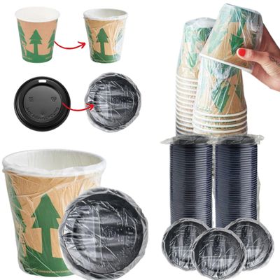 48 PACK 10 oz. Kraft Compostable Individually Wrapped Hot Paper Cups, Coffee Cups with Lids For Cafes, Hotel Motel Rooms, takeout boxes, airbnb host, Offices (CUPS + LIDS)