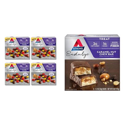 Atkins Endulge Peanut Butter Candies 2g Net Carbs 2g Sugar 4 Packs, Caramel Nut Chew Bars 1g Sugar 5 Count