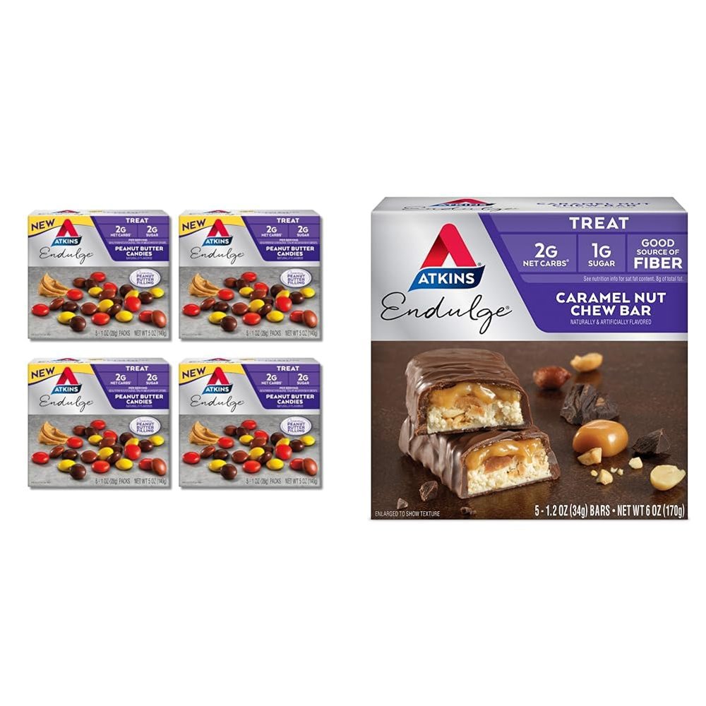 Atkins Endulge Peanut Butter Candies 2g Net Carbs 2g Sugar 4 Packs, Caramel Nut Chew Bars 1g Sugar 5 Count