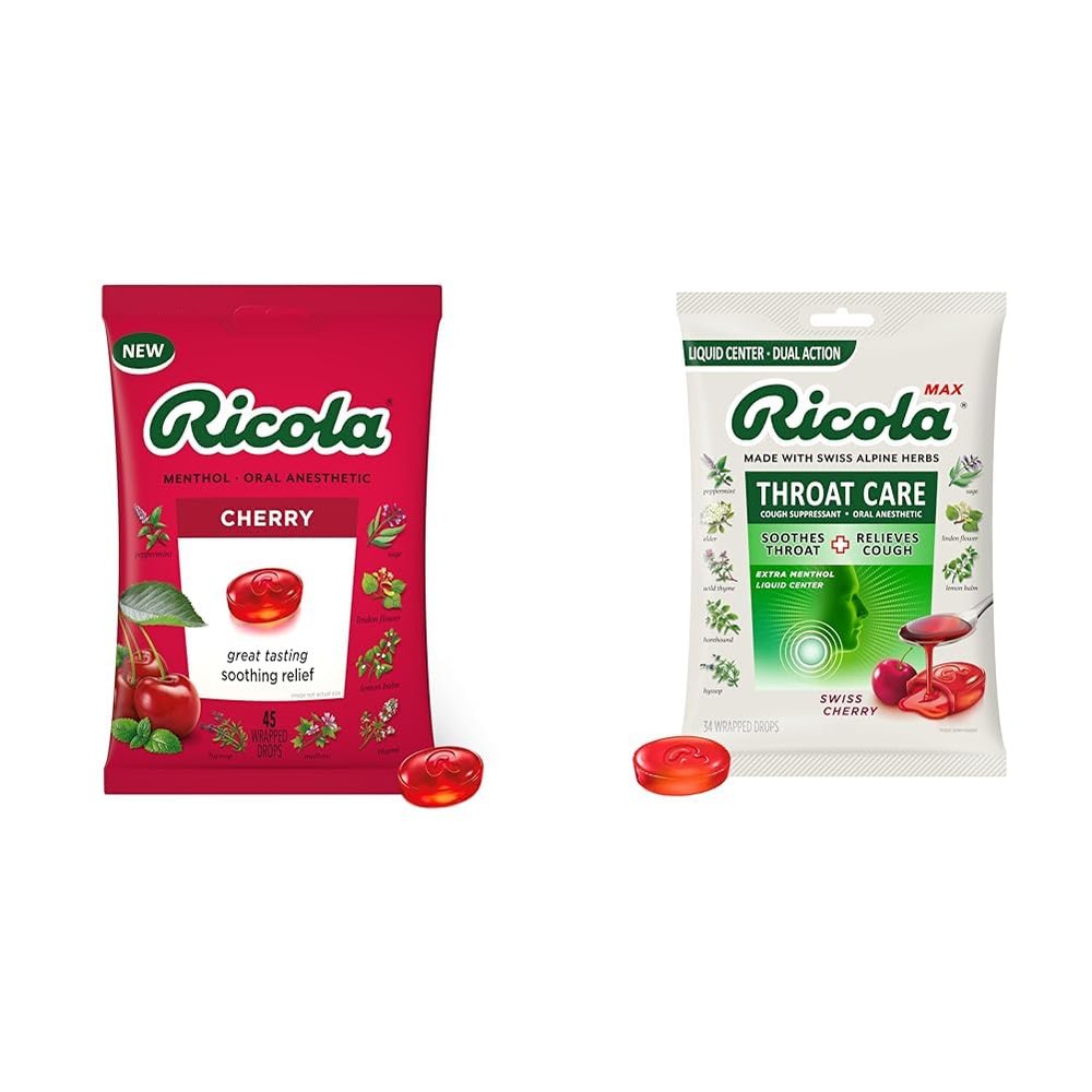 Ricola Cherry Throat Drops (45 Count) and Swiss Cherry Cough Drops (34 Count)