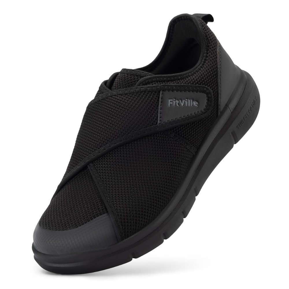 FitVille Men's Diabetic Shoes Extra Wide  Adjustable Closure Walking Shoes for Swollen Feet, Neuropathy & All-Day Standing Comfort  EasyTop V5 (13 X-Wide, Jet Black)