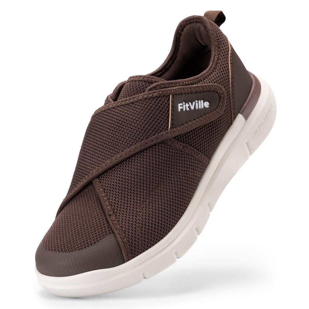 FitVille Men's Diabetic Shoes Extra Wide Adjustable Closure Walking Shoes for Swollen Feet, Neuropathy & All-Day Standing Comfort EasyTop V5 (10.5 Wide, Coffee)