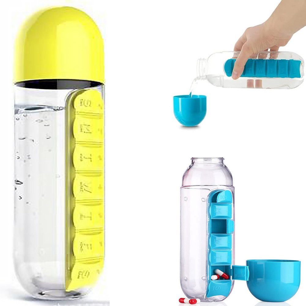 2 in 1 Pill Box Cup Organizer with Water Bottle, 7 Day Pill Organizer Case, 600 ML Daily Medicine Storage Box and Bottle Combination, Medication Cup Holder for Sport Travel