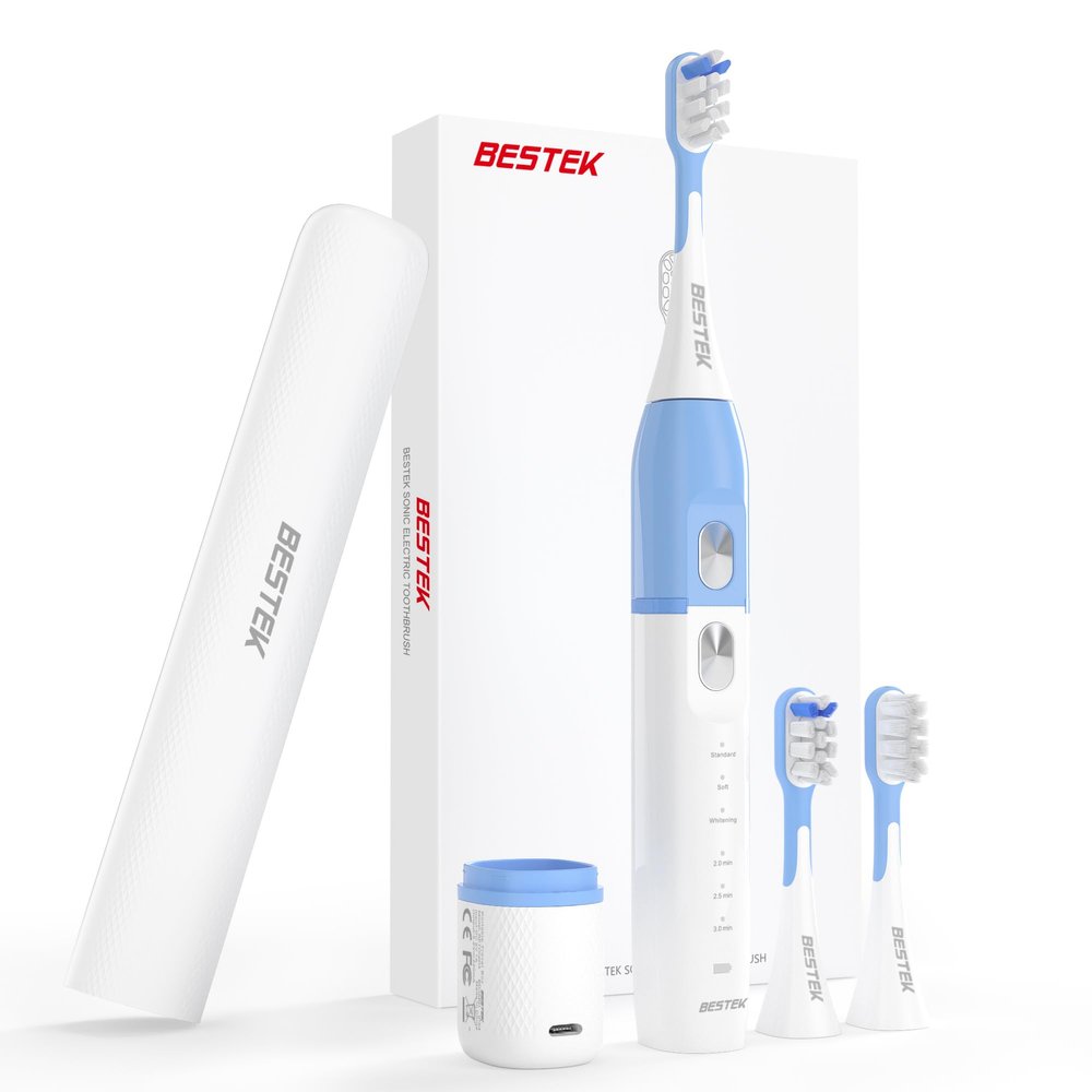 BESTEK Sonic Electric Toothbrush with IPX67 Waterproof, Powerful Cleaning Rechargeable Toothbrush with Multiple Modes & Smart Timer, 3 Replacement Brush Head & 1 Travel Case - Blue