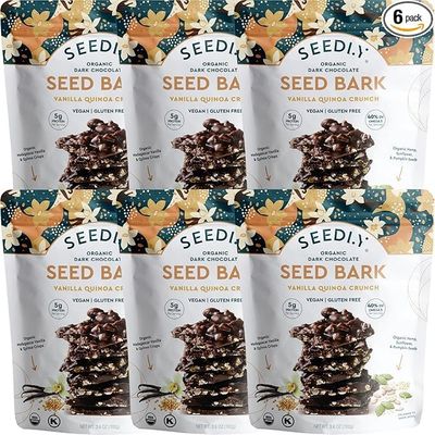 SEEDLY Organic 70% Dark Chocolate Snacking Bark with 20g Protein, 50% less sugar - Vanilla Quinoa Crunch - Keto, Vegan Snacks, Gluten-Free, Low Carb, Paleo, Non-GMO, Stevia-Free, No Weird Additives, 3.6oz (Pack of 6)