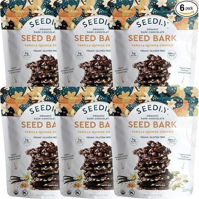 SEEDLY Organic 70% Dark Chocolate Snacking Bark with 20g Protein, 50% less sugar - Vanilla Quinoa Crunch - Keto, Vegan Snacks, Gluten-Free, Low Carb, Paleo, Non-GMO, Stevia-Free, No Weird Additives, 3.6oz (Pack of 6)