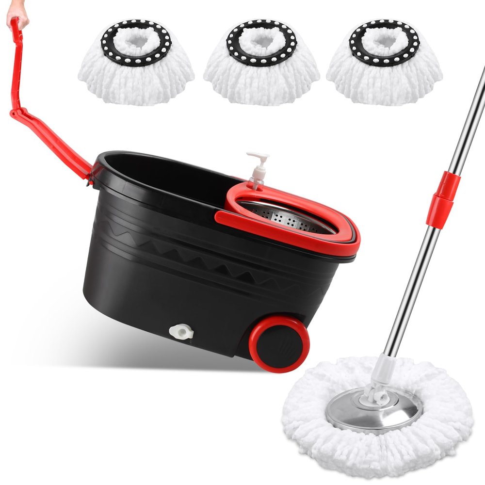 DAMGOLOZA Mop and Bucket with Wringer Set, 360 Rotating Mop Bucket System with 3 Microfiber Mop, Stainless Steel Floor Cleaning System with Dual Mode, Black&red