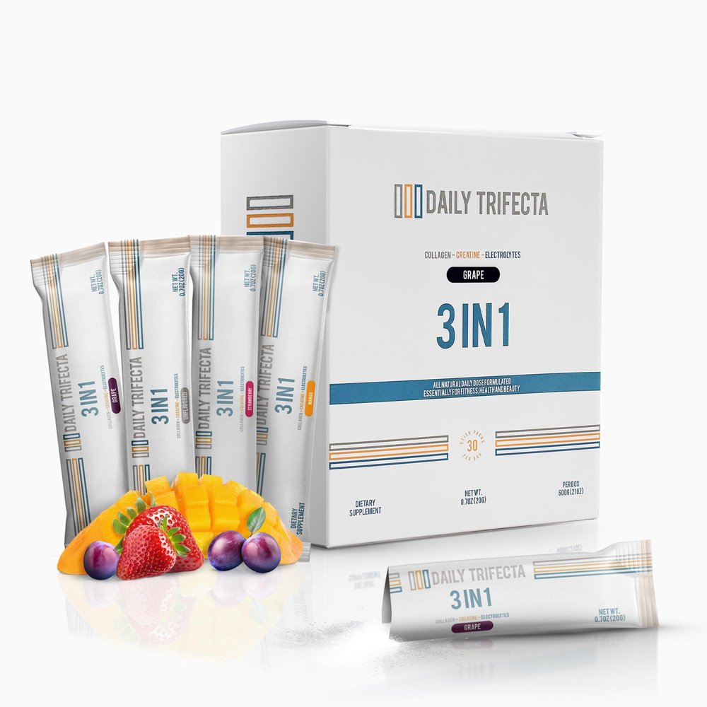 DAILY TRIFECTA 3-in-1 Collagen, Creatine & Electrolyte Stick Packs | Type I Collagen, Creatine Monohydrate, Zero Sugar | 30 Natural Single-Serve Packets | Strength, Hydration & Recovery (Mango)