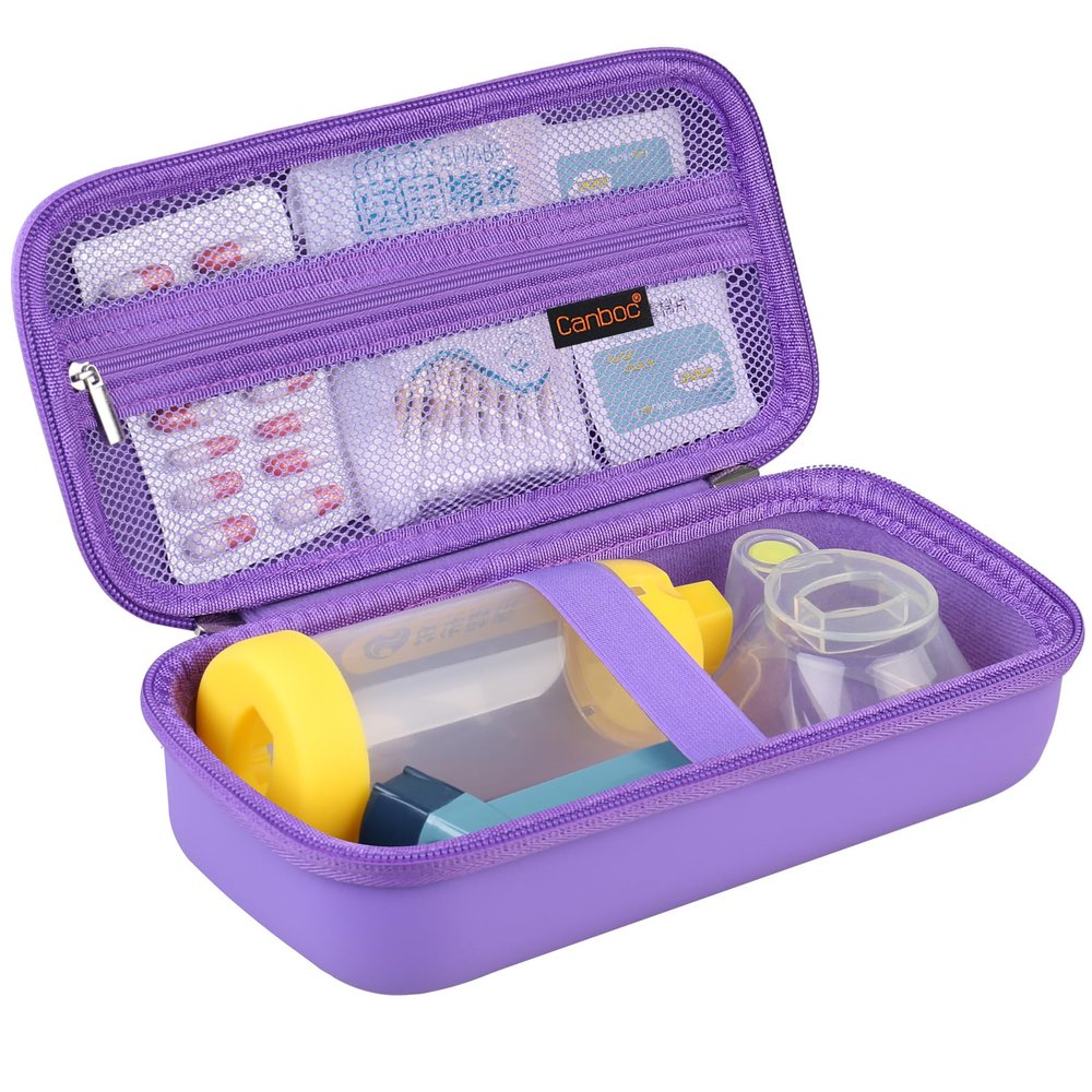 Canboc Travel Carrying Case for Asthma Inhaler, Handheld Spacer for Adults and Kids, Masks, Hard Inhaler Case with Mesh Pocket fit Medicine and Other Essentials, Purple