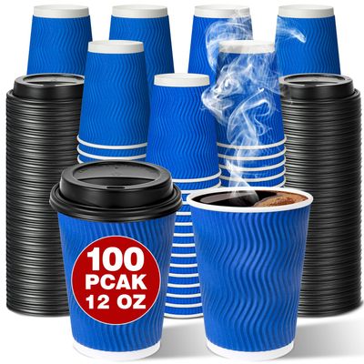 Ginkgo Disposable To Go Coffee Cups with Lids 12 oz 100 Pack, Double Wall Ripple Insulated Blue Paper Cups for Hot Beverage, Chocolate, Cocoa and coffee