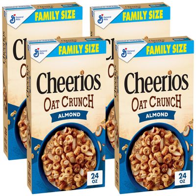 Cheerios Oat Crunch Almond Breakfast Cereal, Made with Whole Grain, Family Size, 24 oz (Pack of 4)