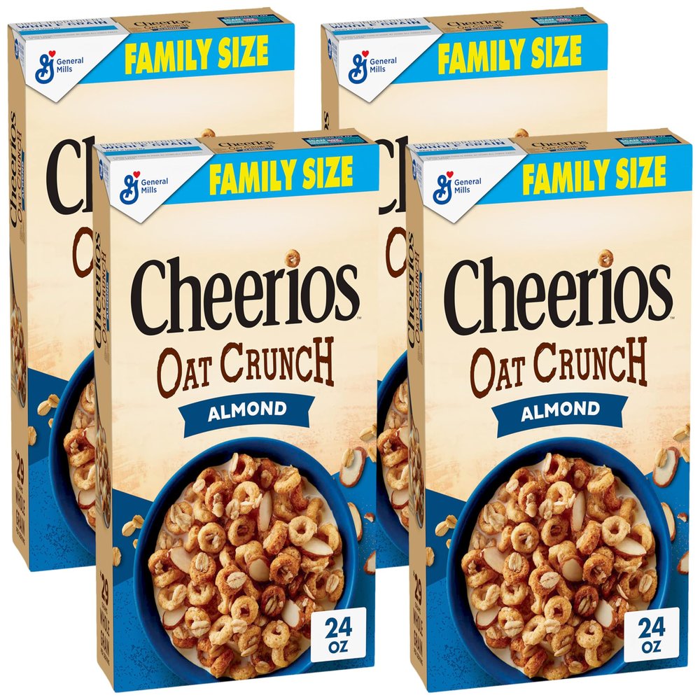 Cheerios Oat Crunch Almond Breakfast Cereal, Made with Whole Grain, Family Size, 24 oz (Pack of 4)