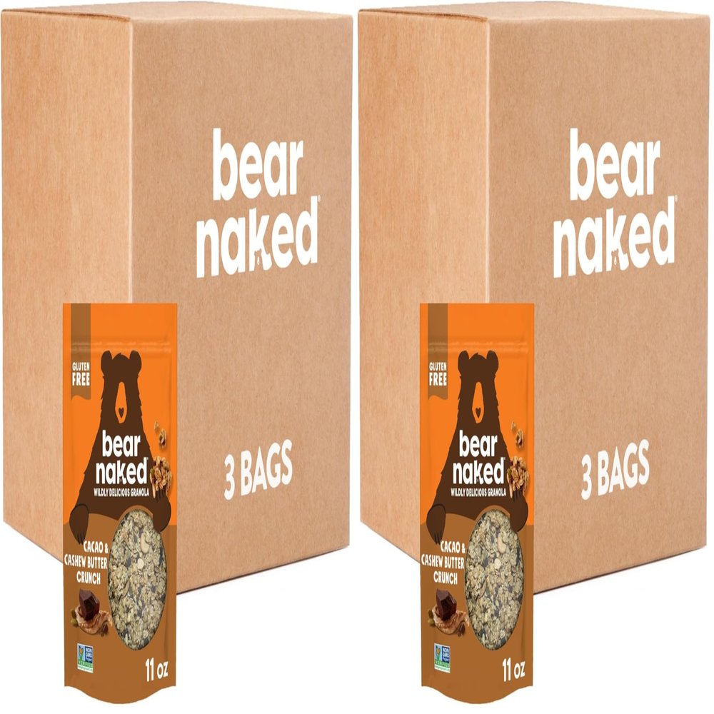 Bear Naked Granola Cereal, Whole Grain Granola, Breakfast Snacks, Cacao and Cashew Butter Crunch (3 Bags) (Pack of 2)