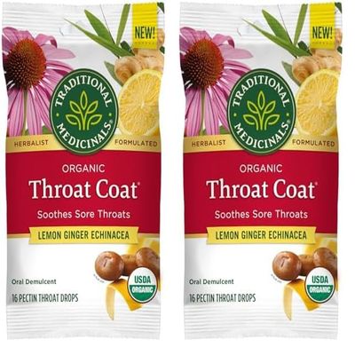 Traditional Medicinals Lozenges, Organic Throat Coat Lemon Ginger Echinacea, Sore Throat Support, 16 Count (Pack of 2)