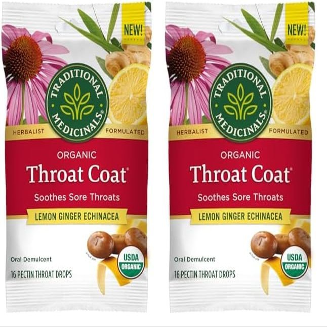 Traditional Medicinals Lozenges, Organic Throat Coat Lemon Ginger Echinacea, Sore Throat Support, 16 Count (Pack of 2)