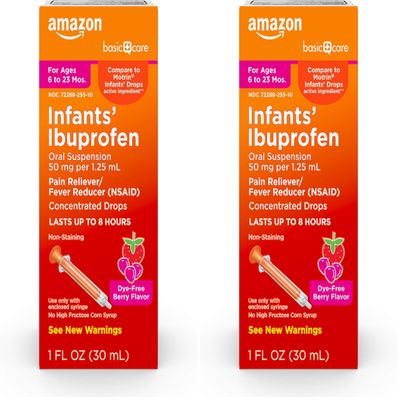 Amazon Basic Care Infants Ibuprofen Oral Suspension, 50 mg/1.25 mL, Berry Flavor Concentrated Drops, Dye-Free, 1 fl oz (Pack of 2)