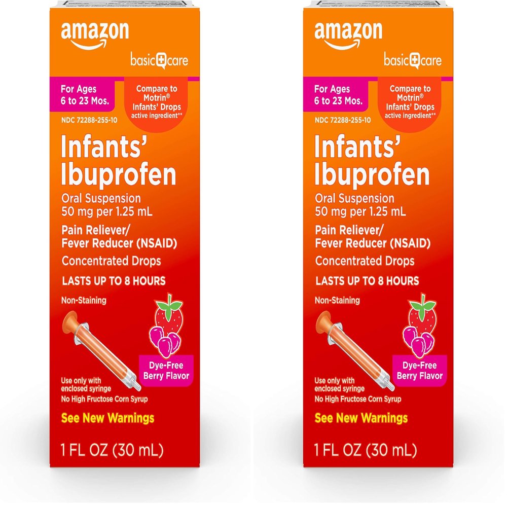 Amazon Basic Care Infants Ibuprofen Oral Suspension, 50 mg/1.25 mL, Berry Flavor Concentrated Drops, Dye-Free, 1 fl oz (Pack of 2)
