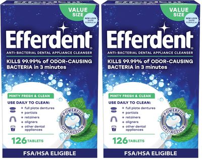 Efferdent Retainer Cleaning Tablets, Denture Cleaning Tablets for Dental Appliances, Minty Fresh & Clean, 126 Count (Pack of 2)