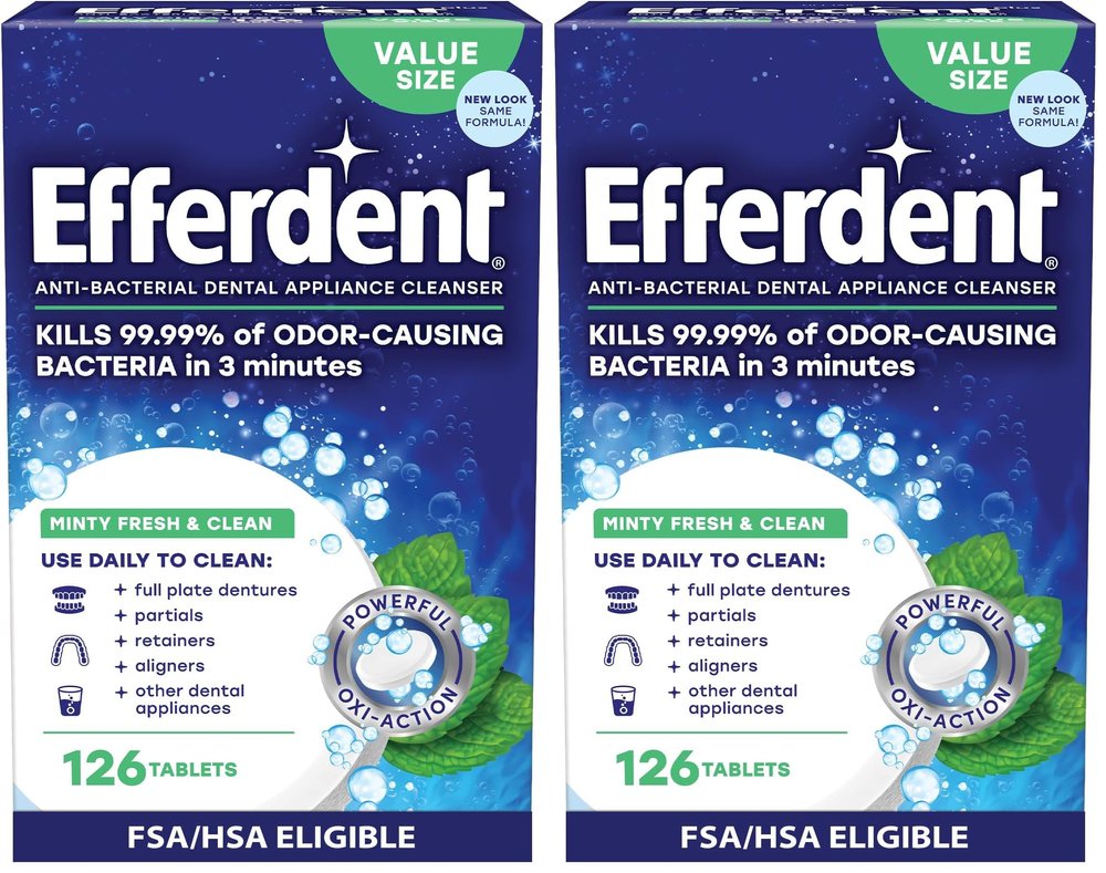Efferdent Retainer Cleaning Tablets, Denture Cleaning Tablets for Dental Appliances, Minty Fresh & Clean, 126 Count (Pack of 2)