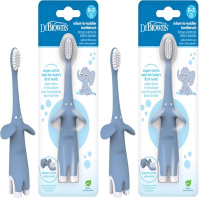 Dr. Brown's Infant-to-Toddler Toothbrush, Soft and Safe Baby Training Brush, Elephant, Blue, 0-3 years, 2 Pack
