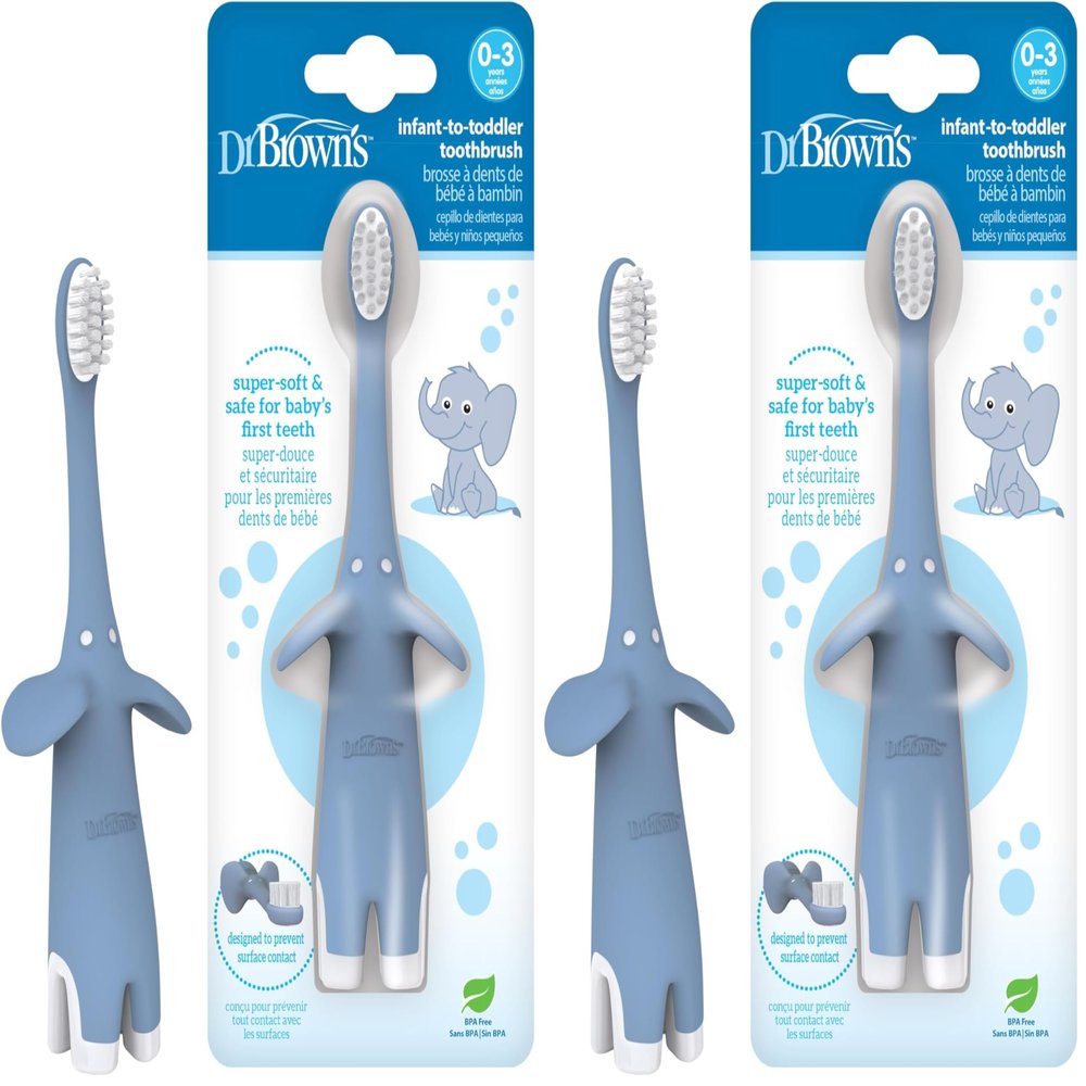 Dr. Brown's Infant-to-Toddler Toothbrush, Soft and Safe Baby Training Brush, Elephant, Blue, 0-3 years, 2 Pack