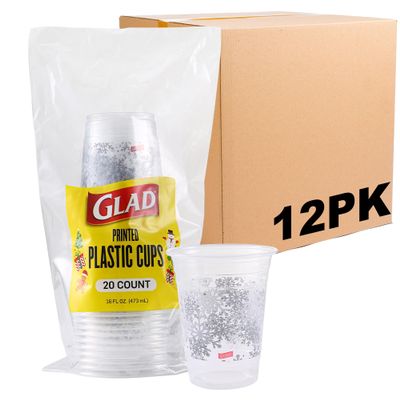 Glad Everyday Clear Plastic Cups, Holiday Grey Snowflake Design - Strong and Sturdy Drinking Cup for All Occasions, 16 Ounce, 20 Count - 12 Pack