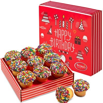 Birthday Gift Basket | Cupcakes Bakery Fresh [9 Count] | Mini Rainbow Sprinkle Cupcakes Individually Wrapped | Birthday Treats for Kids, Men, Women| Kosher, Nut Free | Sterns Bakery