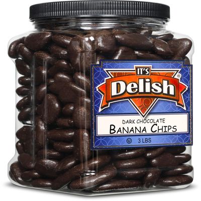 Dark Chocolate Covered Banana Chips by Its Delish, 3 Lbs Jumbo Container | Gourmet Dark Chocolate Banana Chips, Healthy Snacks Chocolate Fruit, USA Made, Vegan, Kosher