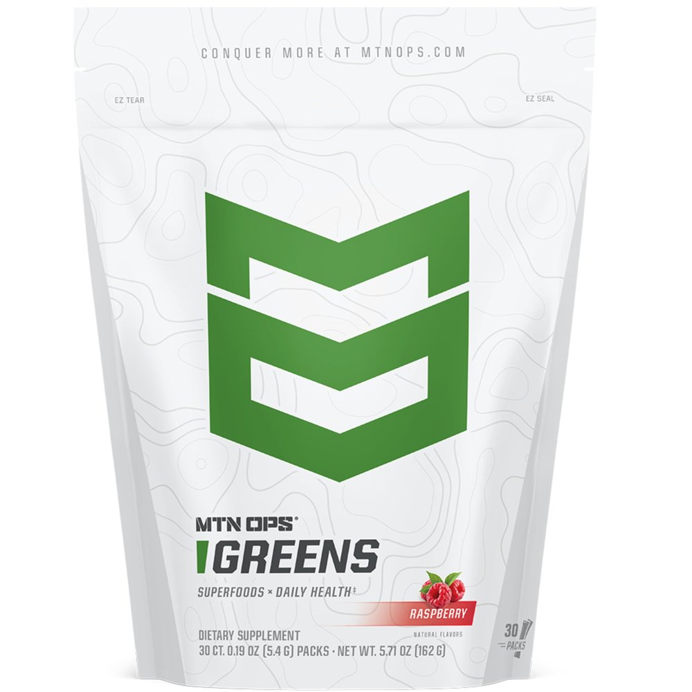 MTN OPS Super Greens Superfood Drink Mix Daily Greens Powder with Organic Superfoods, Chlorophyll, Digestive & Immune Support, Raspberry Flavor, 30 On-The-Go Stick Packs