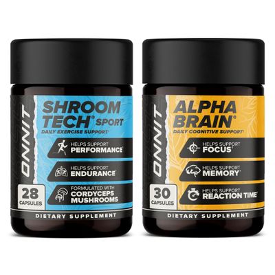 ONNIT Cognitive & Endurance Support Bundle: Alpha Brain Nootropic Capsules (30 Count) + Shroom Tech Sport Exercise Support Capsules (28 Count), IGEN Non-GMO Tested Focus, Energy & Endurance, 2 Pack
