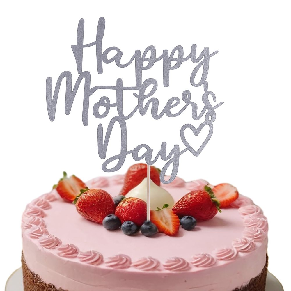 LewkHip Happy Mothers Day Cake Topper - Silver Glitter Cake Topper Heart Shaped Mothers Day Decoration, Birthday Party Supplies