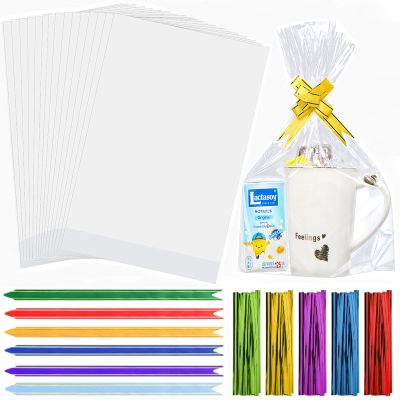Weithewei Cellophane Bags, 8 * 11 Inch 50pcs Clear Cellophane Bags with 60pcs Colorful Pull Bows&100pcs Colorful Ties,Flat Bottom Clear Cookie Bags for Packing Goods of Birthday or Other Festivals.