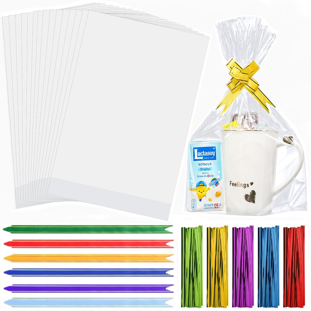 Weithewei Cellophane Bags, 8 * 11 Inch 50pcs Clear Cellophane Bags with 60pcs Colorful Pull Bows&100pcs Colorful Ties,Flat Bottom Clear Cookie Bags for Packing Goods of Birthday or Other Festivals.