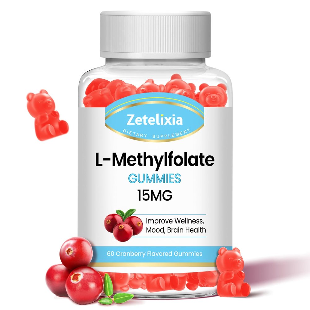 Zetelixia L-Methylfolate 15mg & Methyl B12 Gummies, Folate Supplement for Brain Health, Mood & Immunity, DNA Synthesis & Repair, Sugar Free, Vegan, Cranberry Flavor, 60 Count
