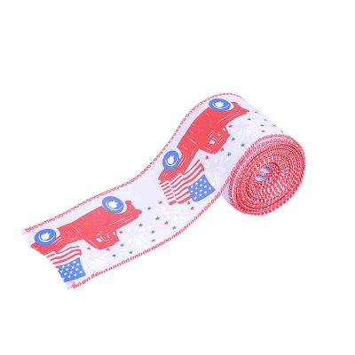 4th of July Patriotic Burlap Ribbons Red White Blue Fabric Ribbon with USA Flag Stars Stripes Truck Print for Wreath Bows Wrapping 2.5" X 5.4 Yards Memorial & Independence Day DIY Crafts Supplies (C)