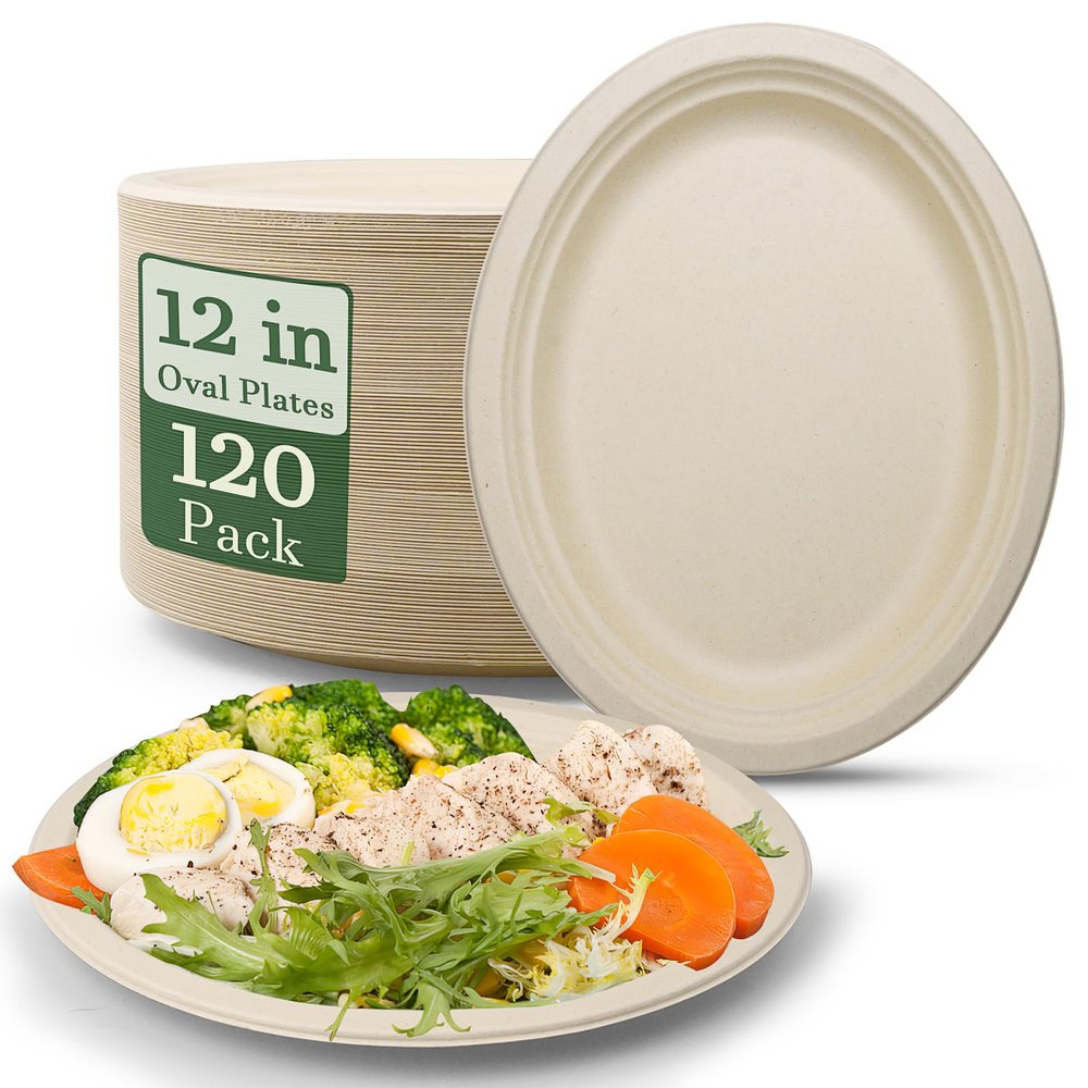 120 Pack Compostable Oval Disposable Plates,Bulk Heavy Duty Paper Plates 12 Inch,Eco Friendly Biodegradable Sugarcane Fiber Dinner Plates for BBQ, Party, Gathering, and Picnic