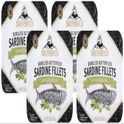 Brunswick Sardines in Olive Oil, 3.75 oz Can - Boneless Butterflied Sardine Fillets - Wild Caught - 17g Protein per Serving - Gluten Free, Keto Friendly (Pack of 4)