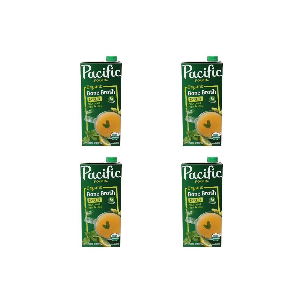 Pacific Foods Organic Chicken Bone Broth with Lemon Balm and Sage, 32 OZ Carton (Pack of 4)