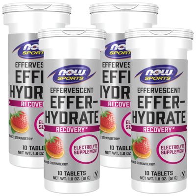 NOW Sports Nutrition, Effervescent Effer-Hydrate, Electrolyte Supplement, Recovery*, Orange Strawberry, 10 Tablets (Pack of 4)
