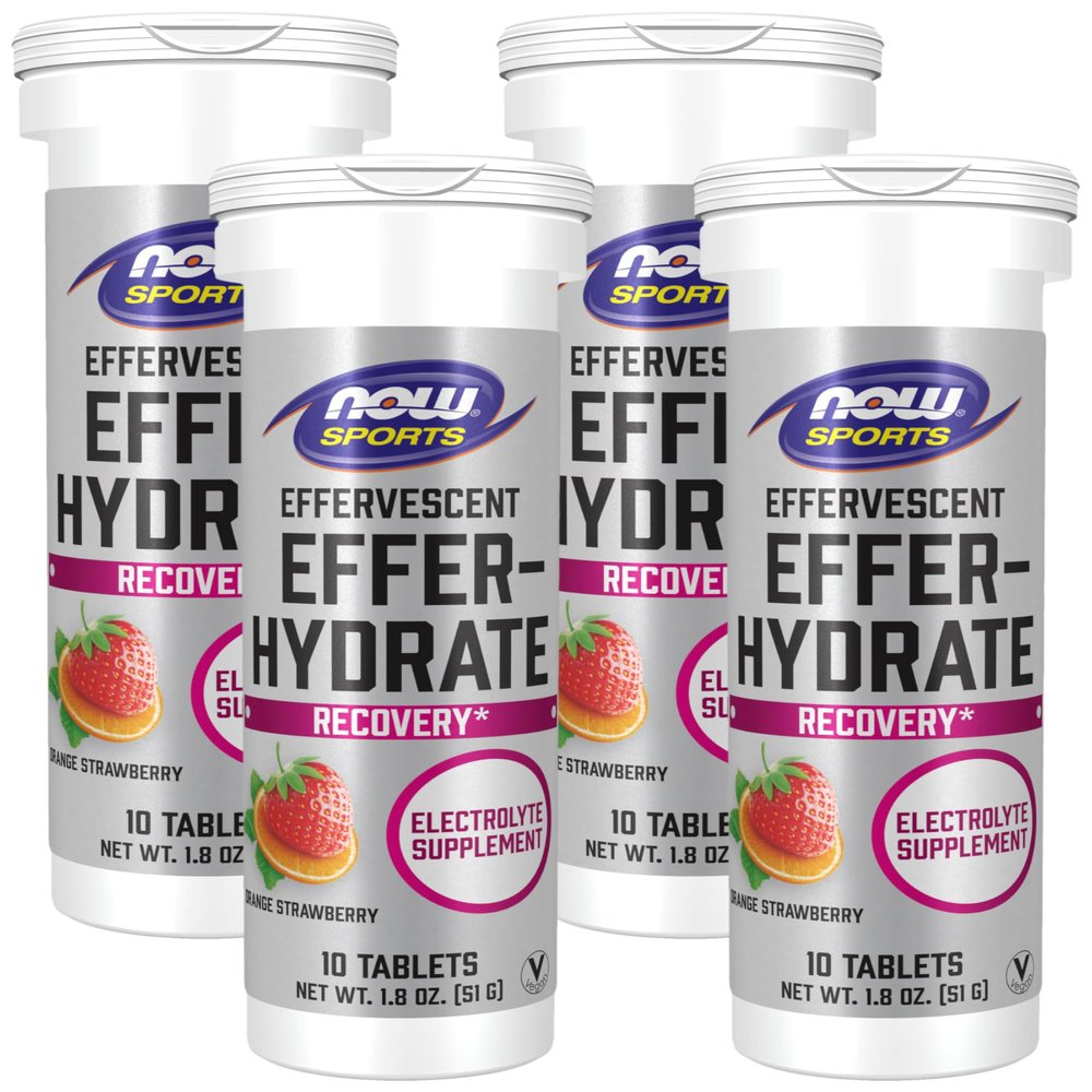 NOW Sports Nutrition, Effervescent Effer-Hydrate, Electrolyte Supplement, Recovery*, Orange Strawberry, 10 Tablets (Pack of 4)