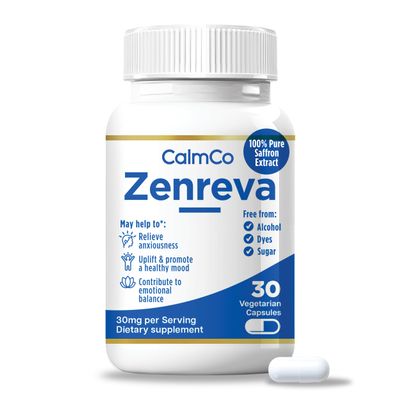 CalmCo Zenreva, Pure Saffron Extract Capsules  Boost Mood, Improve Focus, Reduce Anxiety, Support Emotional Balance & Sleep, Metabolism Booster, Non-GMO Vegan Capsules, 30 Count