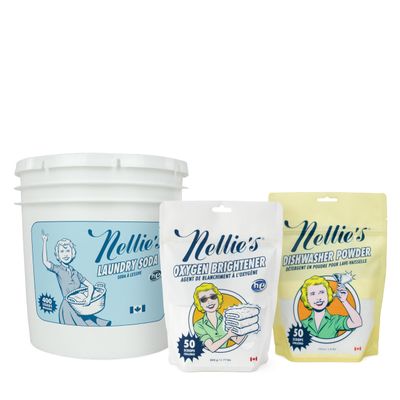 Nellies 400 Load Laundry Bundle Complete Laundry & Dishwasher Kit with 400 Loads Laundry Soda, 50 Loads Oxygen Brightener & 50 Loads Dishwasher Powder Made in Canada